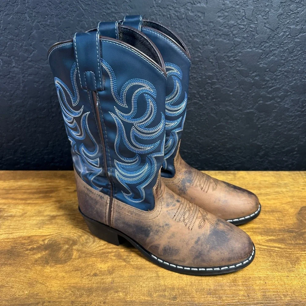 Cody James 41477 Brown Blue Leather Western Cowboy Boots Kids Size 4D